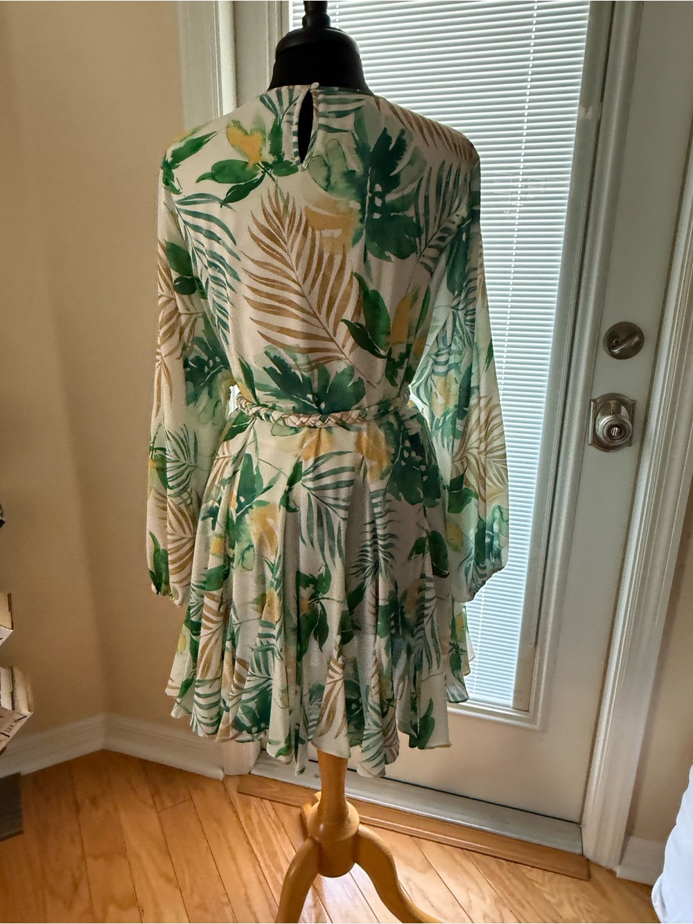 Gianni Bini White Mini Dress with Green & Yellow Leaf, tropical Print